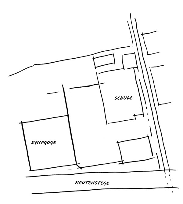 Skizze der Umrisse der Synagoge und Schule an der Kautenstege.