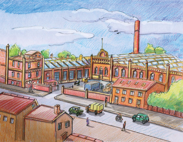 Gemaltes Bild mehrerer roter Fabrikgebäude, im Hintergrund ein Schornstein, vorne eine Straße mit Autos, einem Fahrrad und Fußgängern. Am unteren Rand mehrstöckige Gebäude.