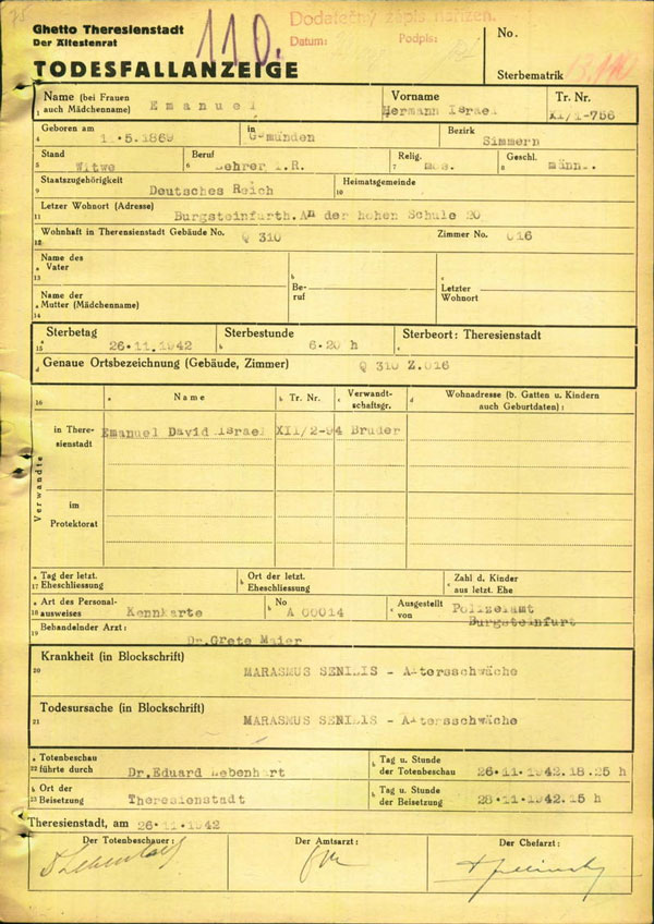 Form with typewritten entries and three signatures at the bottom on yellow paper.