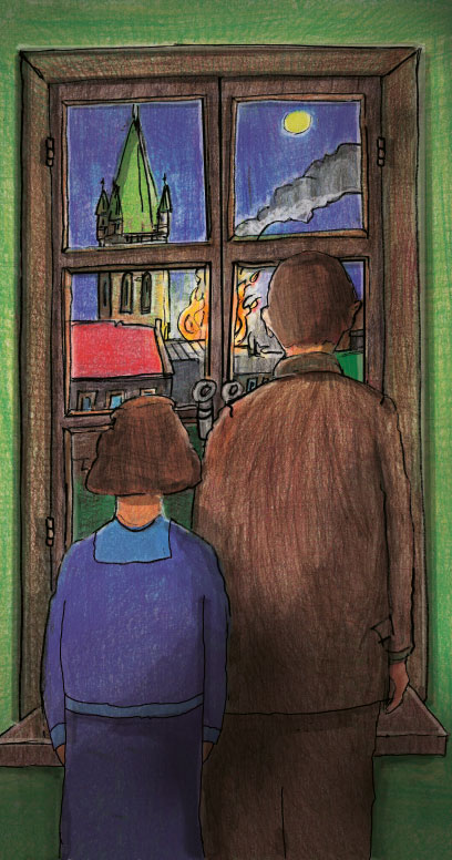 Drawing of a couple looking through a window at a building on fire. Next to the burning building, a building with a red roof; in the background, a church tower with a green roof.