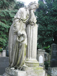 Statue of a mourning woman with a wreath in her right hand; her left elbow leans on a round column, her left hand supporting her head. In the background, trees and gravestones.